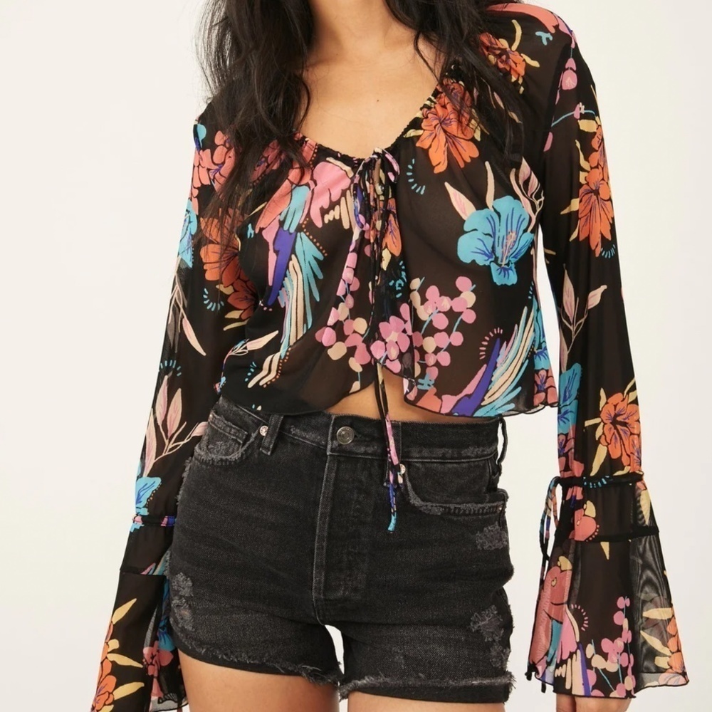 Free People Floral Print Of Paradise sheer bell sleeve tropical top black fairy